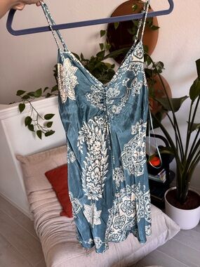 Zara Teal Slip Dress with Cream Floral Print